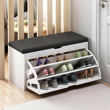 Shoe Storage Cabinet with Seat, Trendy Rectangular Solid Color Engineered Wood Cushioned Indoor Bench Seat with Flip Top/Storage for Shoes White, 24" L x 12" W x 20" H