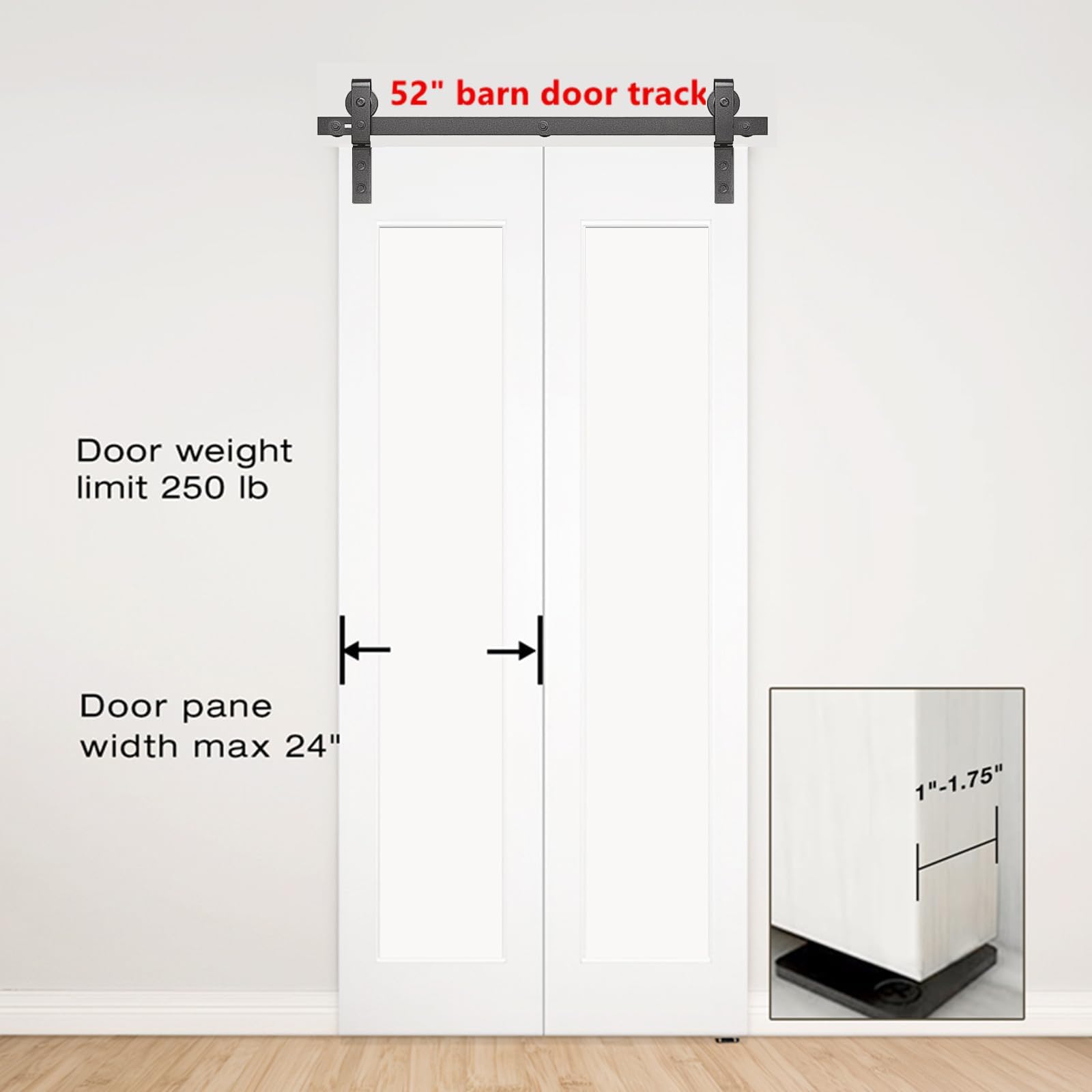 Condition photo showing New/Like New for 52" bifold barn door hardware kit for 2 doors, black track and top mounted heavy duty roller bi-folding sliding barn door hardware kit, fit door width 2x24 (j shape, 52" for 2 doors)