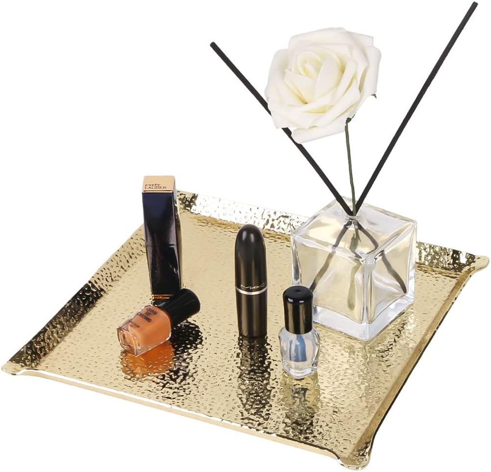 Towel Hammering Trays, Hand Hammered Metal Decorative Vanity Platter Tray, Rectangle Serving Tray, Stainless Steel Dishwasher Safe Dessert Tray For Kitchen Bathroom Counter Stora, 25x11cm(Gold - View #8