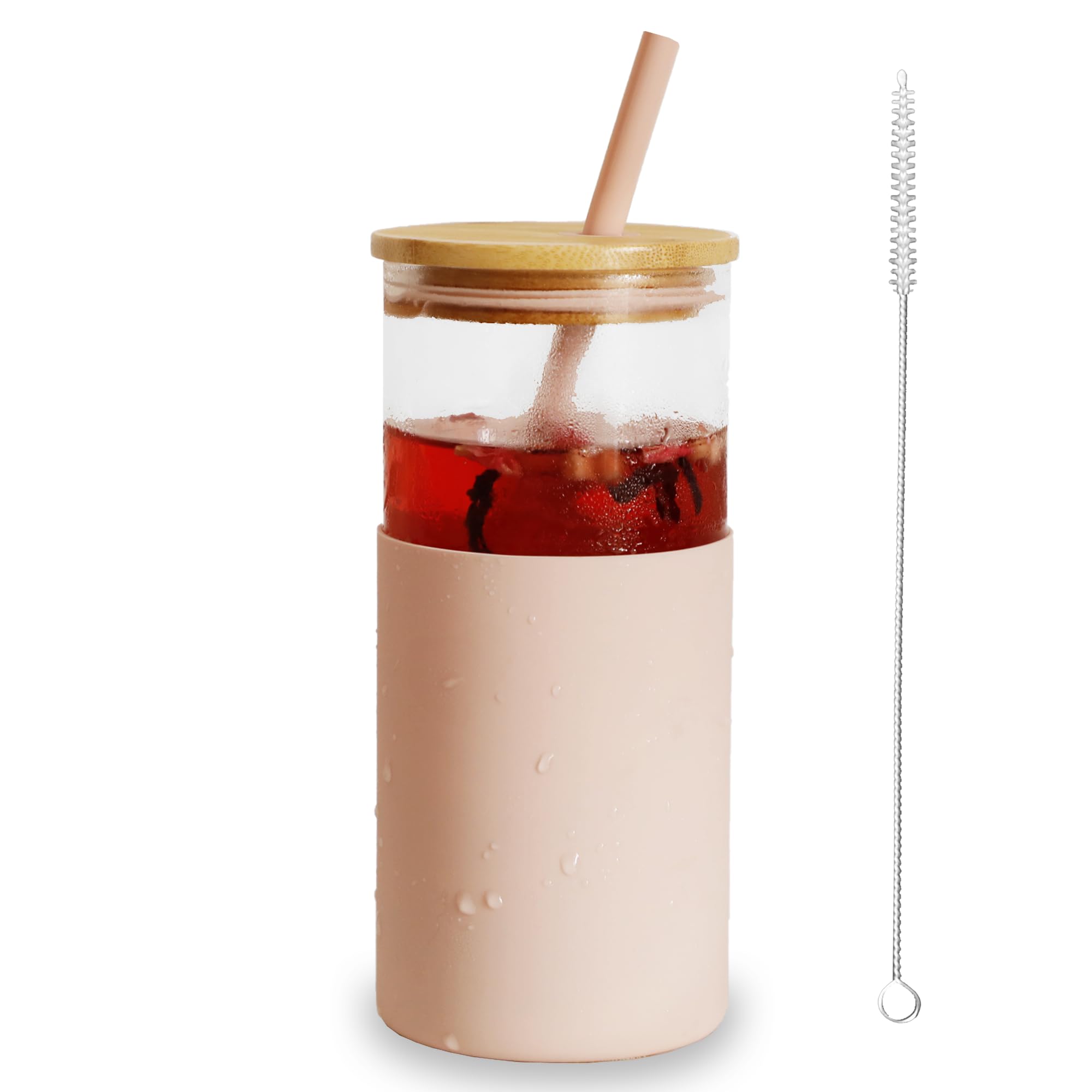 MEIXINZHI Glass Cup with Bamboo Lid and Straw, 20 oz Glass Tumbler with Silicone Protective Sleeve, Reusable Drinking Glasses, Cute Cup for Iced Coffee, Smoothie, Tea, Juice, Beer