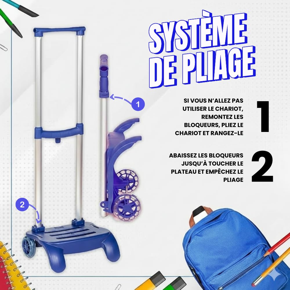 Devesa Chariot pour Sac à Dos Scolaire – Bleu – Aluminium Résistant et Pliable, Léger et Stable, avec Design Ergonomique pour Éviter Les Maux de Dos, Compatible avec Les Sacs à Dos de Grande Capacité
