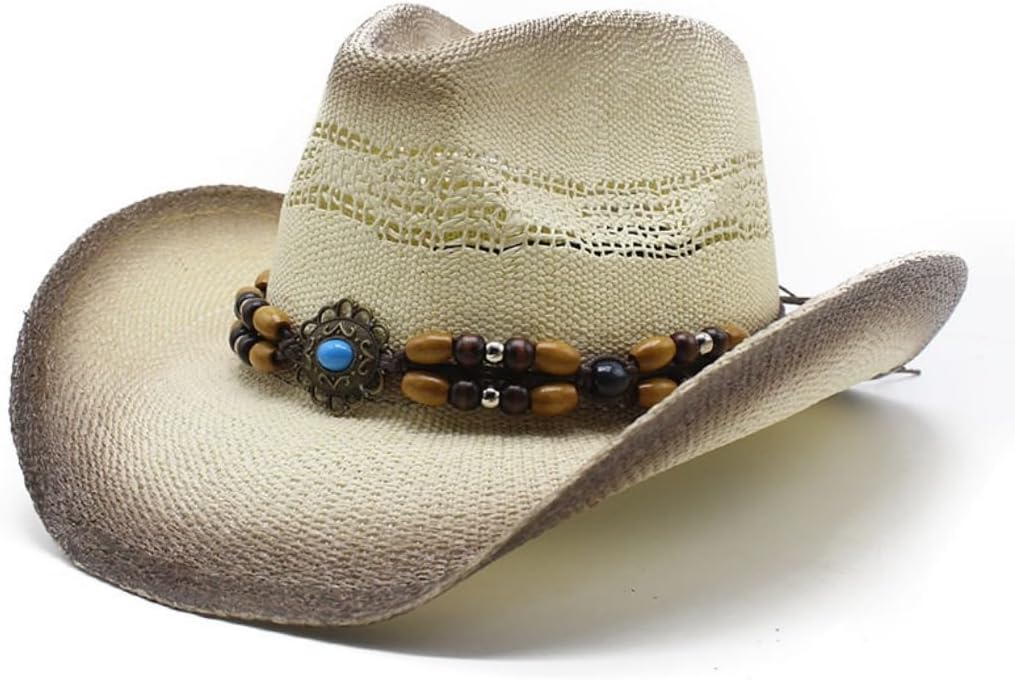 Western Cowboy Hat with Tribal Band, Bull Skull Ornament, Straw Woven, Beige