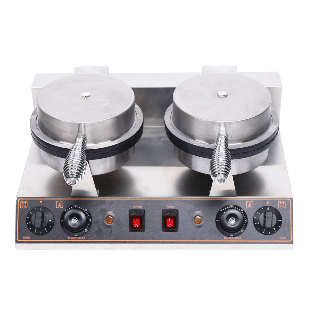 Commercial Double Head Ice Cream Cone Maker Machine - 1200W+1200W, Non-Stick, With Timer & Temp Control