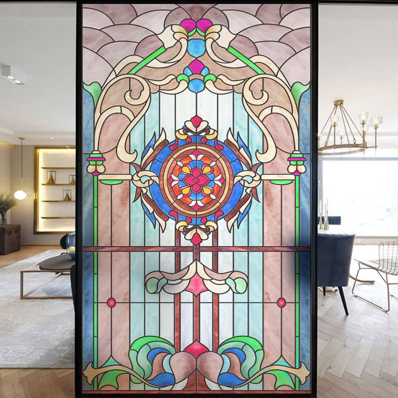 European Church Windows Film Privacy Stained Glass Window Stickers Static Cling Decorative Frosted Window Films UV Blocking Muted Colors Window Coverings (J,40x100cm WxH) โ image 1