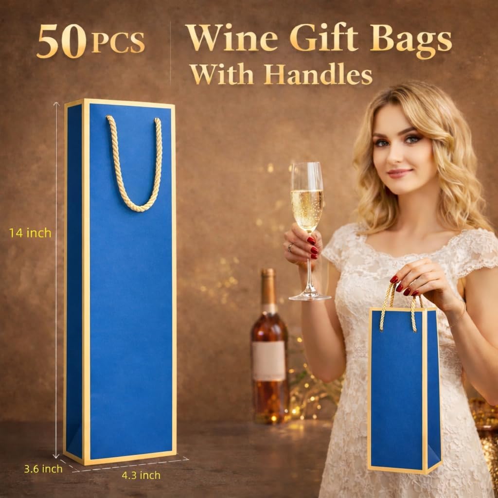 excvalues 50 Pack Wine Gift Bag for Bottles with Handles, 4.3 x 3.7 x 14 inch Heavy Duty Paper Wine Bag Bulk Wine Bags Bottle Bags for Gifts Travel & Retail Shipping(Blue)