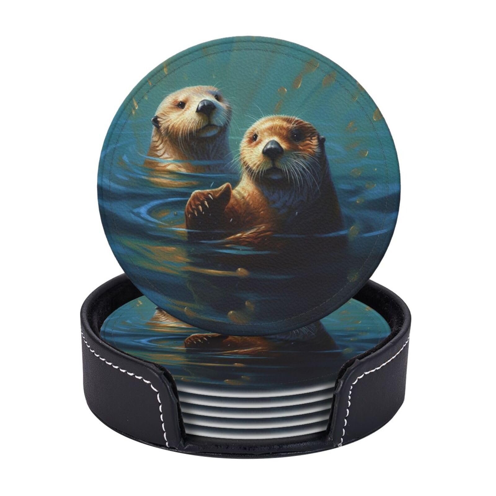 Round Coasters for Drinks Set of 6 - PU Leather Coasters with Holder - Modern Drink Coasters for Coffee Table - Sea Otters Painting Coaster for Tabletop Protection 4" Cup Mat Pad