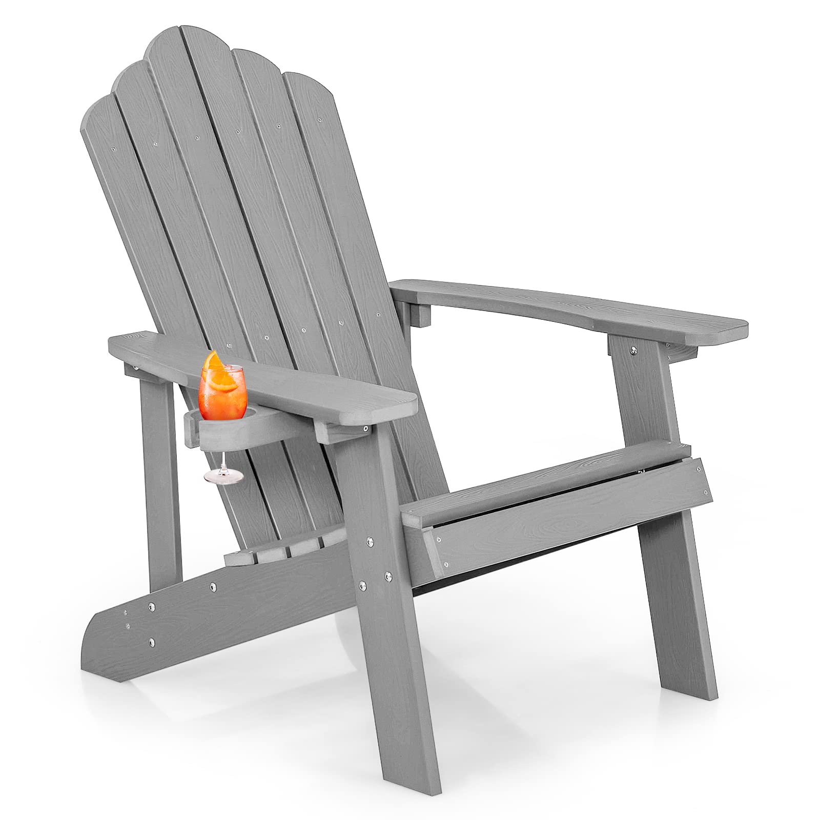 KOMFOTTEU Silla Adirondack de Hips, Sillas de Patio Resistente a Todo Tipo de Clima, Silla para Fogata con Soporte de Tazas para Jardín, Césped, Patio, 77X86X94CM (Gray)
