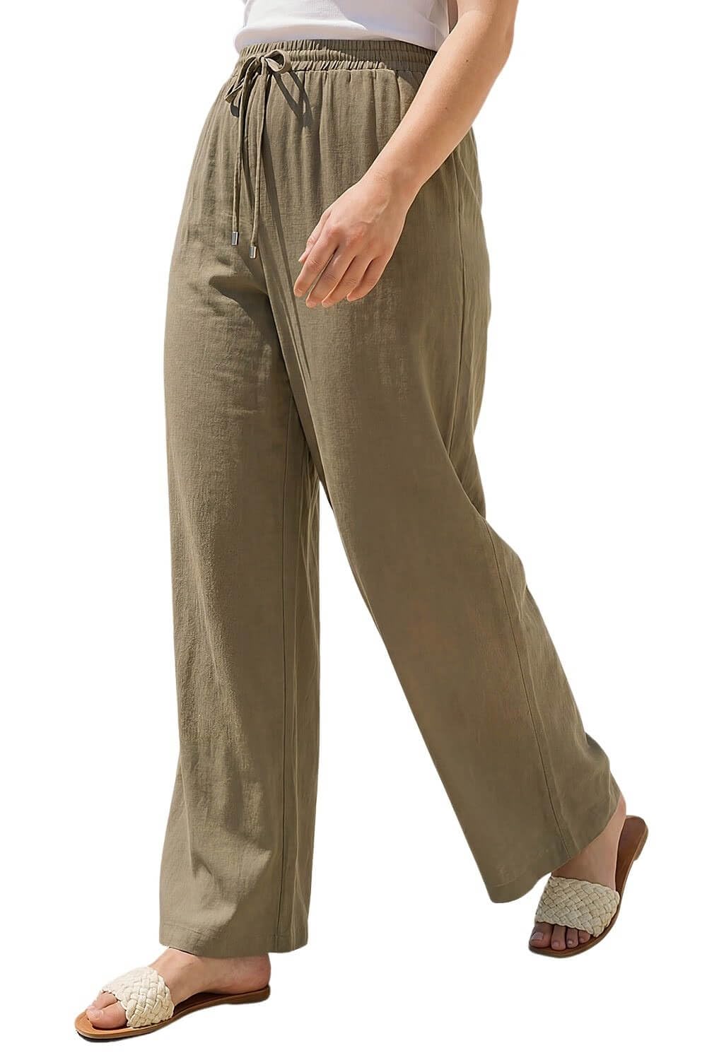 Roman Wide Leg Trousers for Women Ladies Linen Dressy Joggers Sweatpants Lounge Tracksuit Bottoms Palazzo Yoga Jogging Gym Casual Loungewear Daywear Work Holiday - Khaki Plus - Size 2224