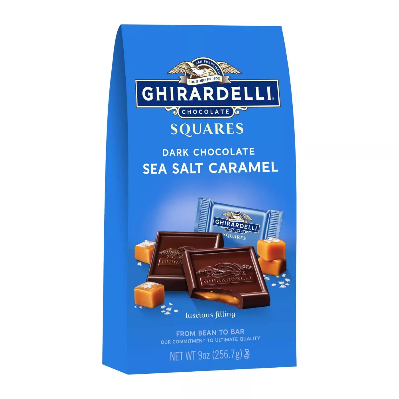Ghirardelli Dark and Caramel - Bolsa cuadrada de chocolate con sal marina 256.7gr
