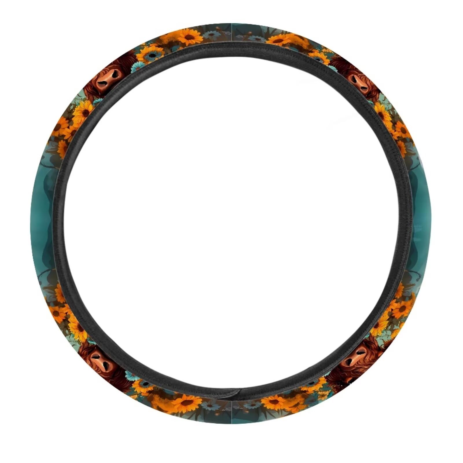 JOAIFO Highland Cow Sunflower Steering Wheel Cover Protector, Soft Steering Wheel Covers, Skin-Friendly and Breathable, Fashion Car Accessories