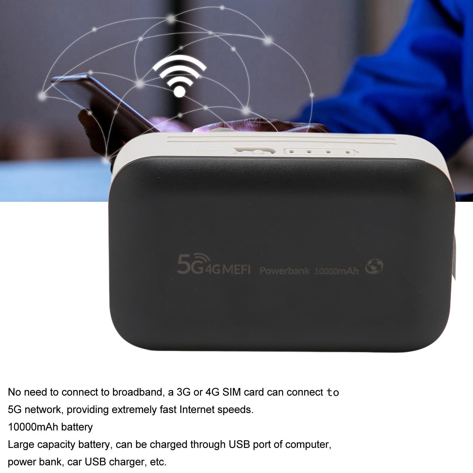 Mobilny Hotspot Wi-fi, Przenośny USB 4G LTE Odblokowany Router Wi-fi 5G 300 Mb/s z Gniazdem Karty SIM, Router Podróżny z baterią 10000 MAh