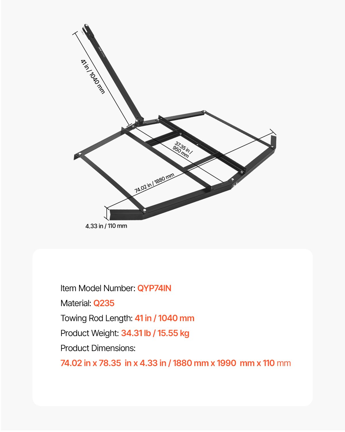 VEVOR Grada de Arrastre Ancho de 188 cm para Remolcar Niveladora de Entrada de Vehículos de Acero con Enganche de Pasador Grada de Entrada de Vehículos para ATV, UTV, Tractores de Césped