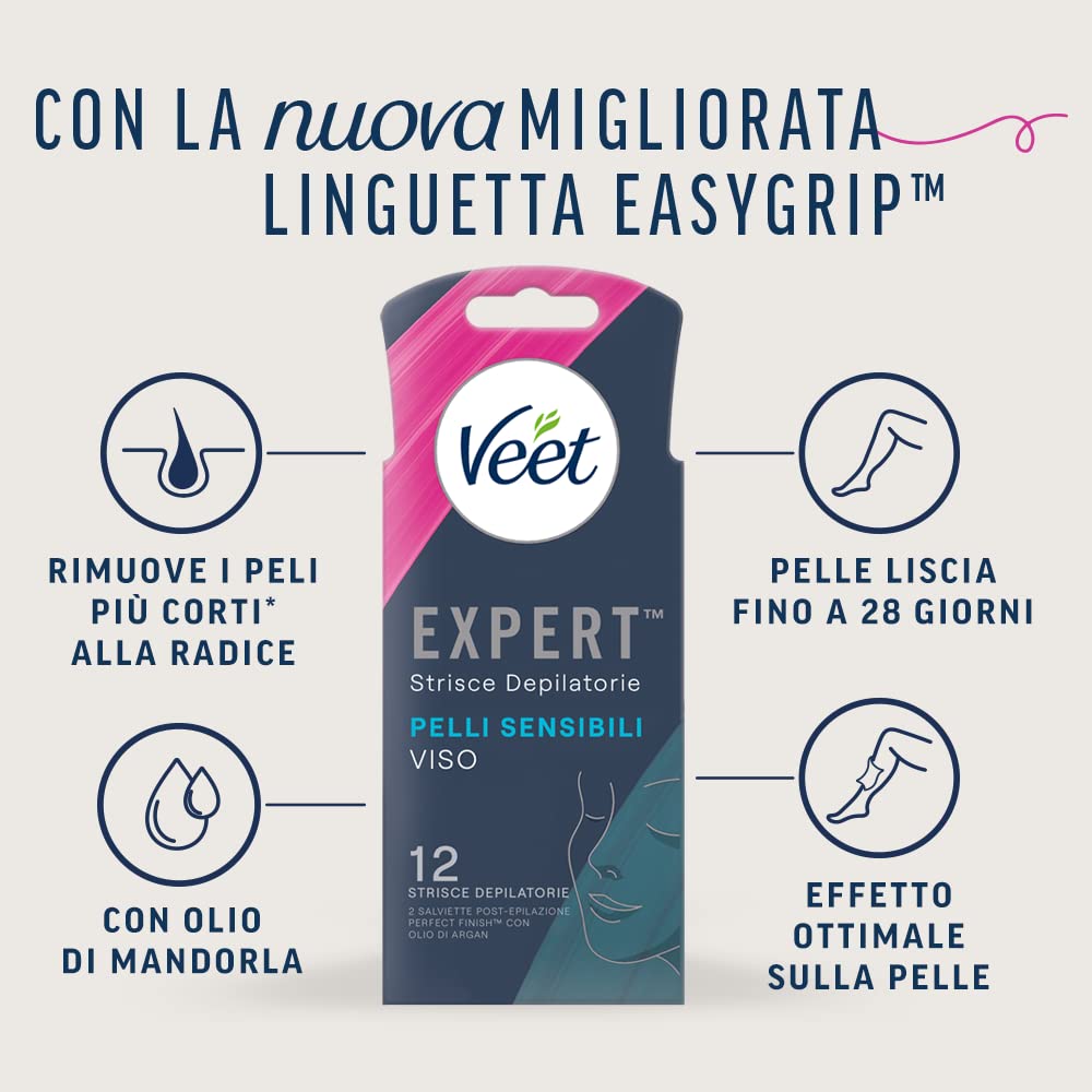 Veet Expert Strisce Depilatorie Viso, Ceretta per Pelli Sensibili con Olio di Mandorla, Dermatologicamente Testate, 72 Strisce (6x12 Strisce) + 12 Salviette Post-Epilazione con Olio D'Argan