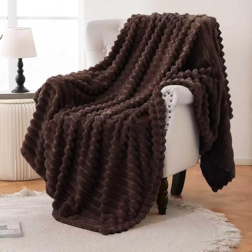 Miniatura 42 de Bnuitland - Manta de franela marrón con funda de almacenamiento, 300 GSM, manta de sofá súper suave con patrón de rayas de forro polar para bebés