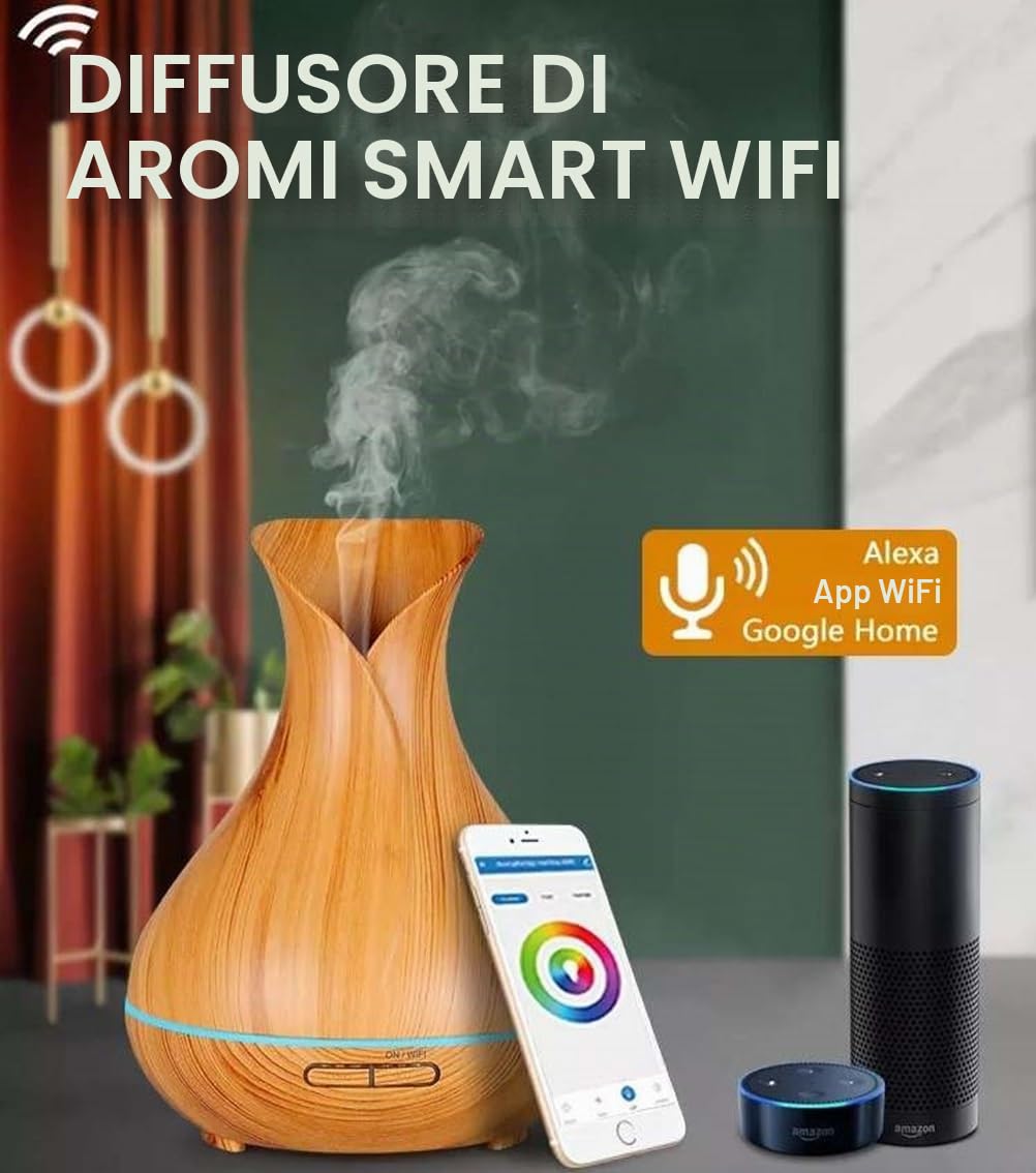 Diffusore di oli essenziali wireless Smart WiFi, compatibile con Alexa e Google Home, app per telefono e controllo vocale, grande diffusore a ultrasuoni, impostazioni LED e timer (marrone chiaro)