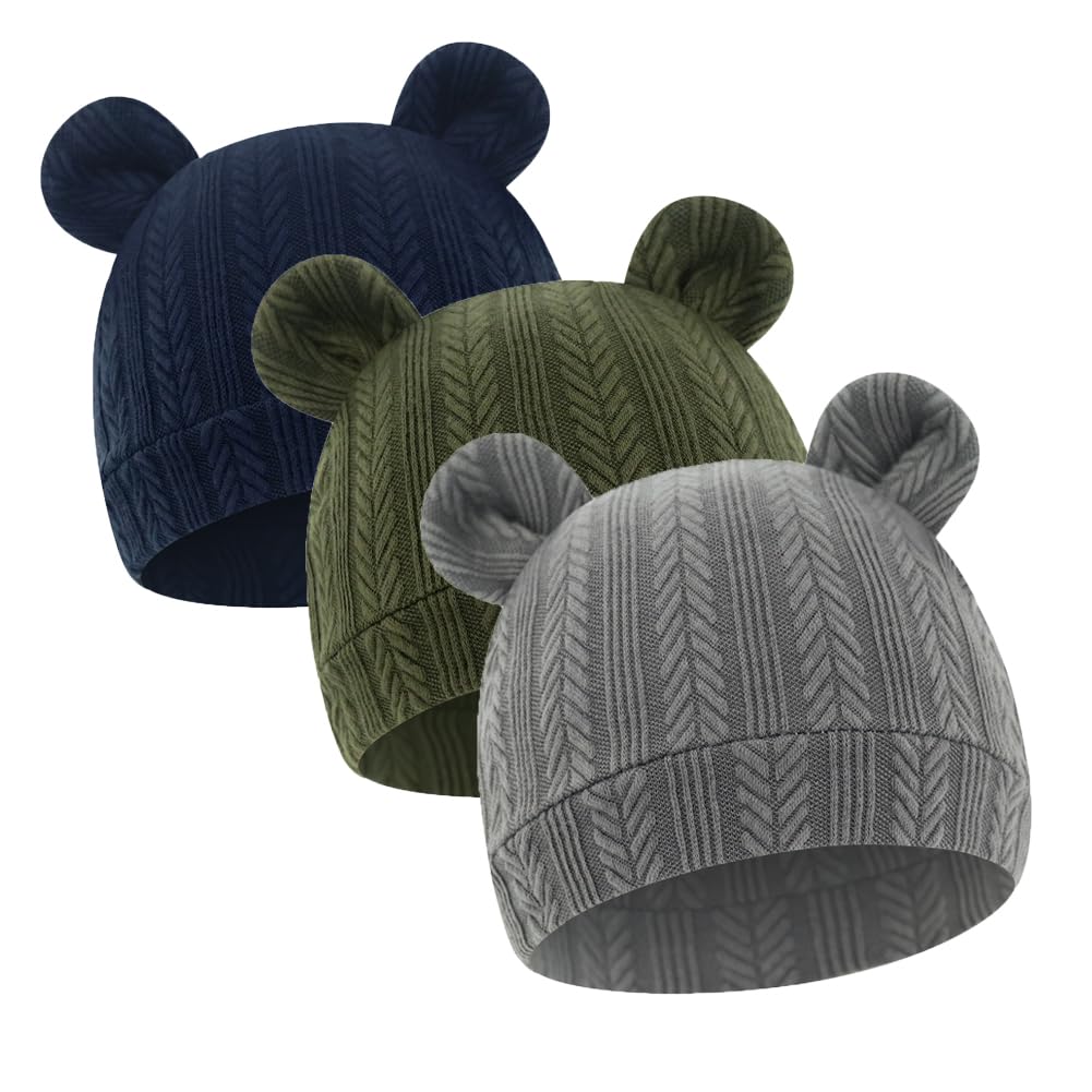 3 Pack Baby Knit Hats Bear Ears Newborn Cotton Beanies Single Layer Brimless Caps for 0-6 Months Infant Girls Boys Baby Cap