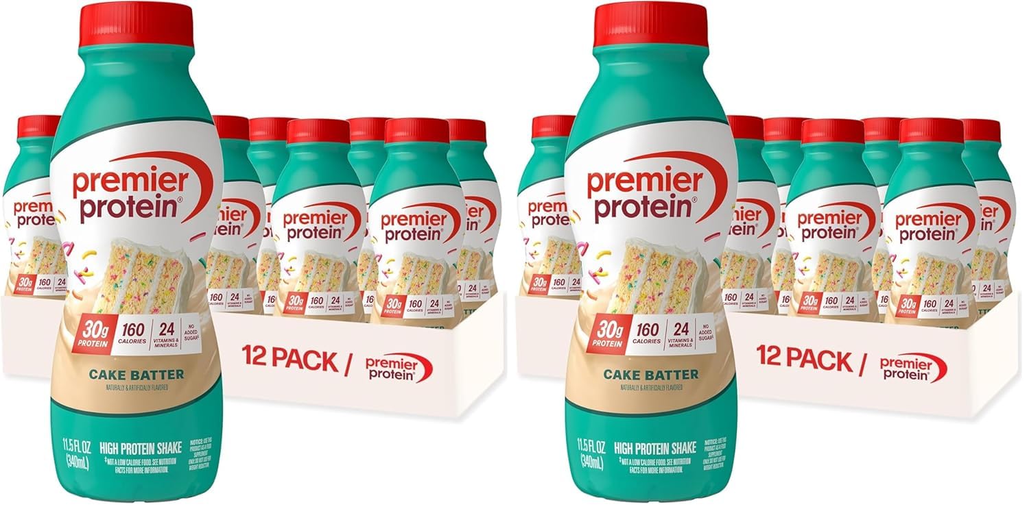 Premier Protein Shake, Cake Batter, 30g Protein, No Added Sugar, 24 Vitamins &amp; Minerals to Support Immune Health, 11.5 fl oz (24 Pack)