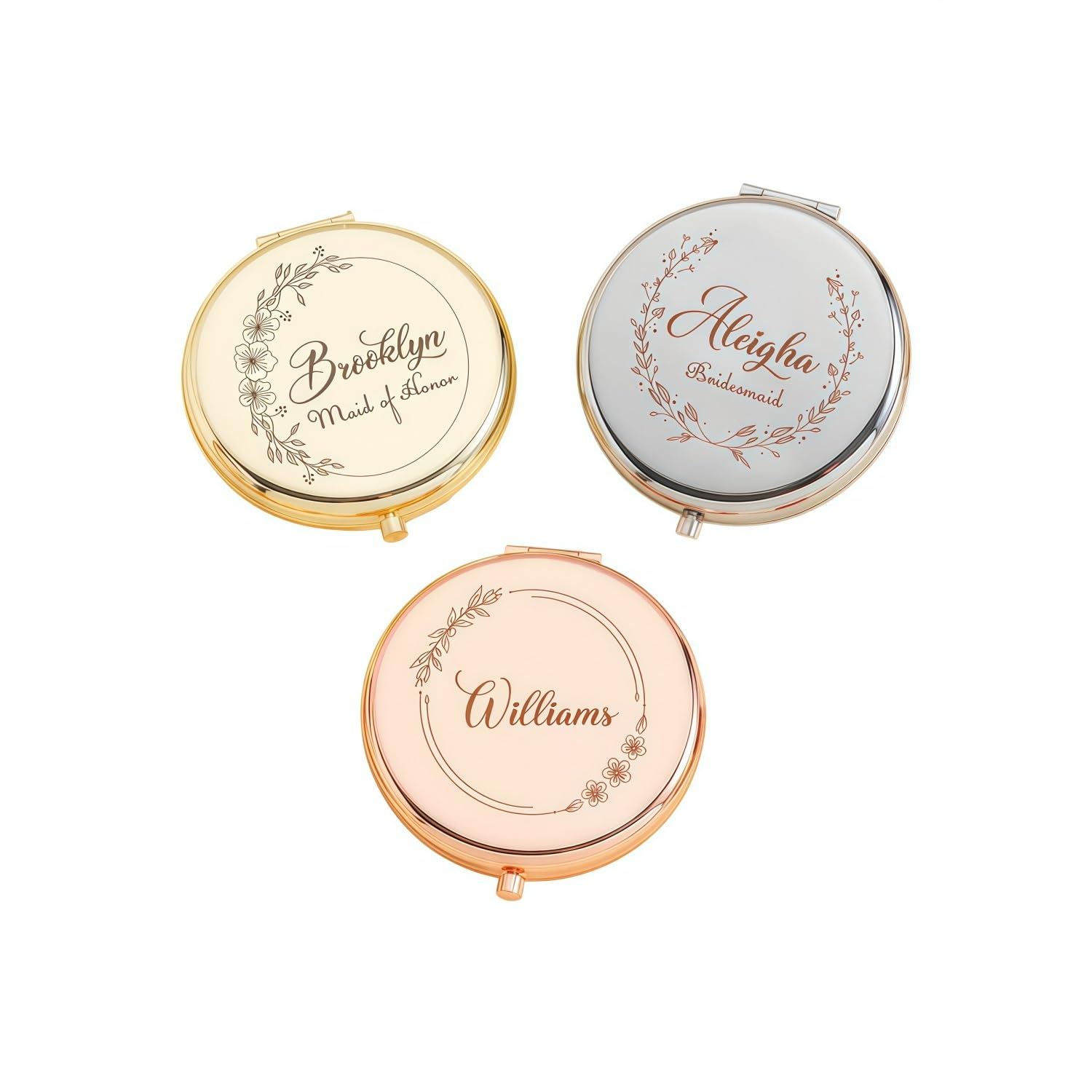 BFBZYME Personalized Compact Pocket Mirror, Custom Engraved Bridesmaid Name Floral Travel Double Sided Magnifying Cosmetic Mirror, Gift for Mom Wife Daughter