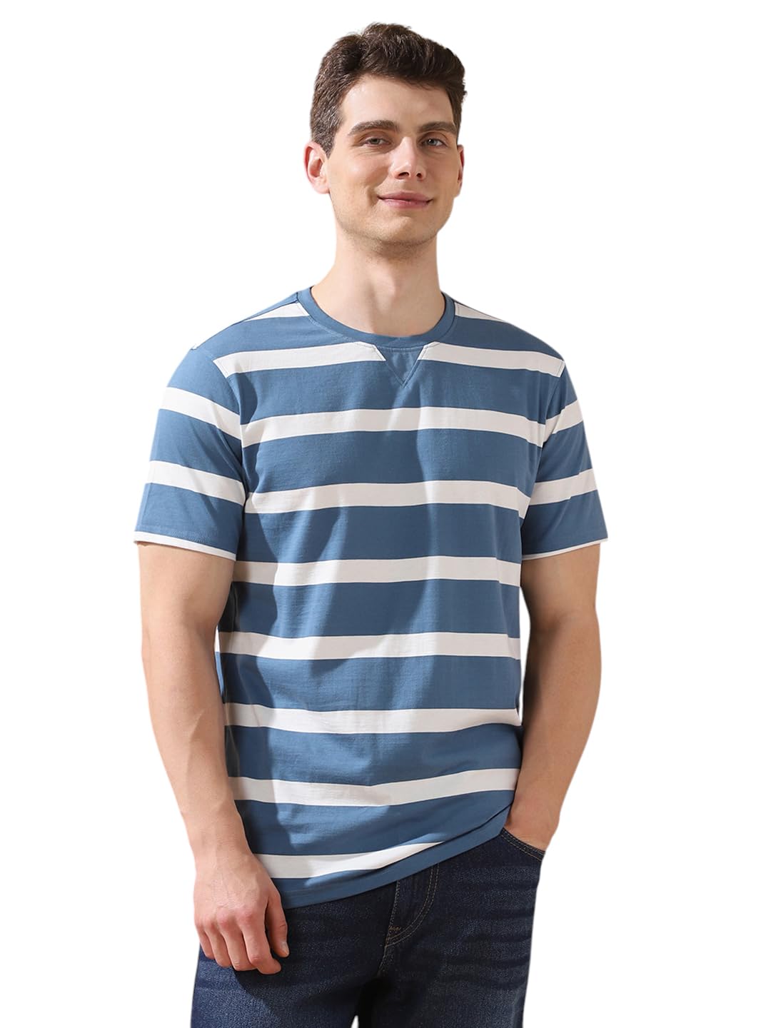 Dennis Lingo Men Steller Stripes Round Neck Half Sleeves Regular Fit T-Shirts in neutral
