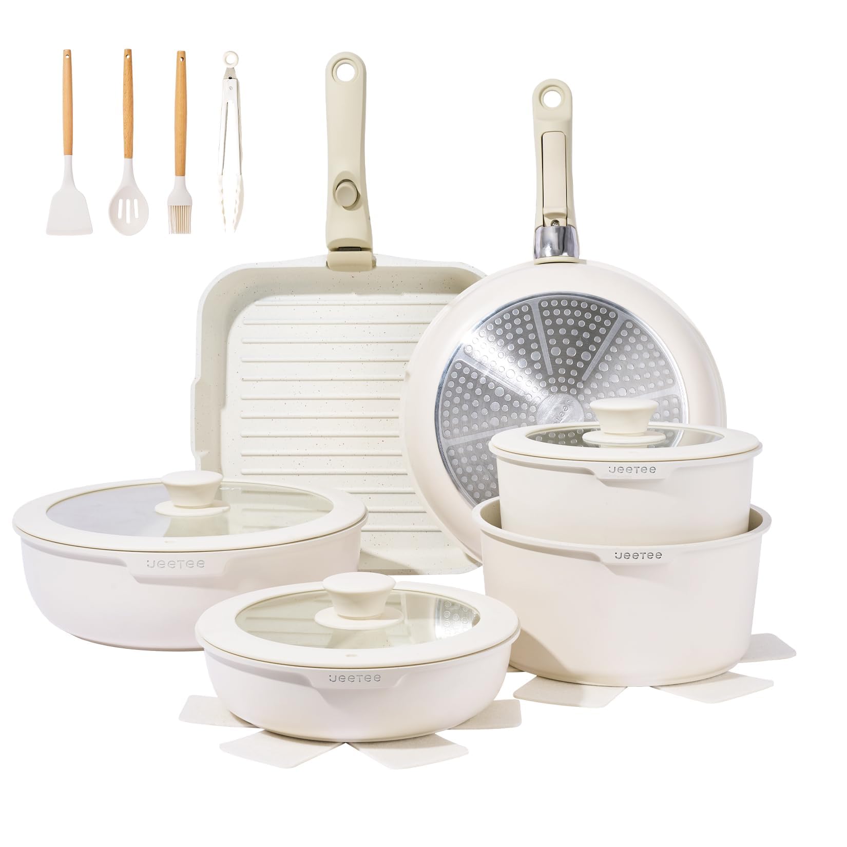JEETEE Topfset Pfannenset mit abnehmbarem Griffen20/26cm, Kochtopf 18/20cm, Tiefe Bratpfanne 26cm, Grillpfanne 26cm, Stapelbar Topfset Für alle Herdarten, Antihaft, Ofenfest, Beige (beige)