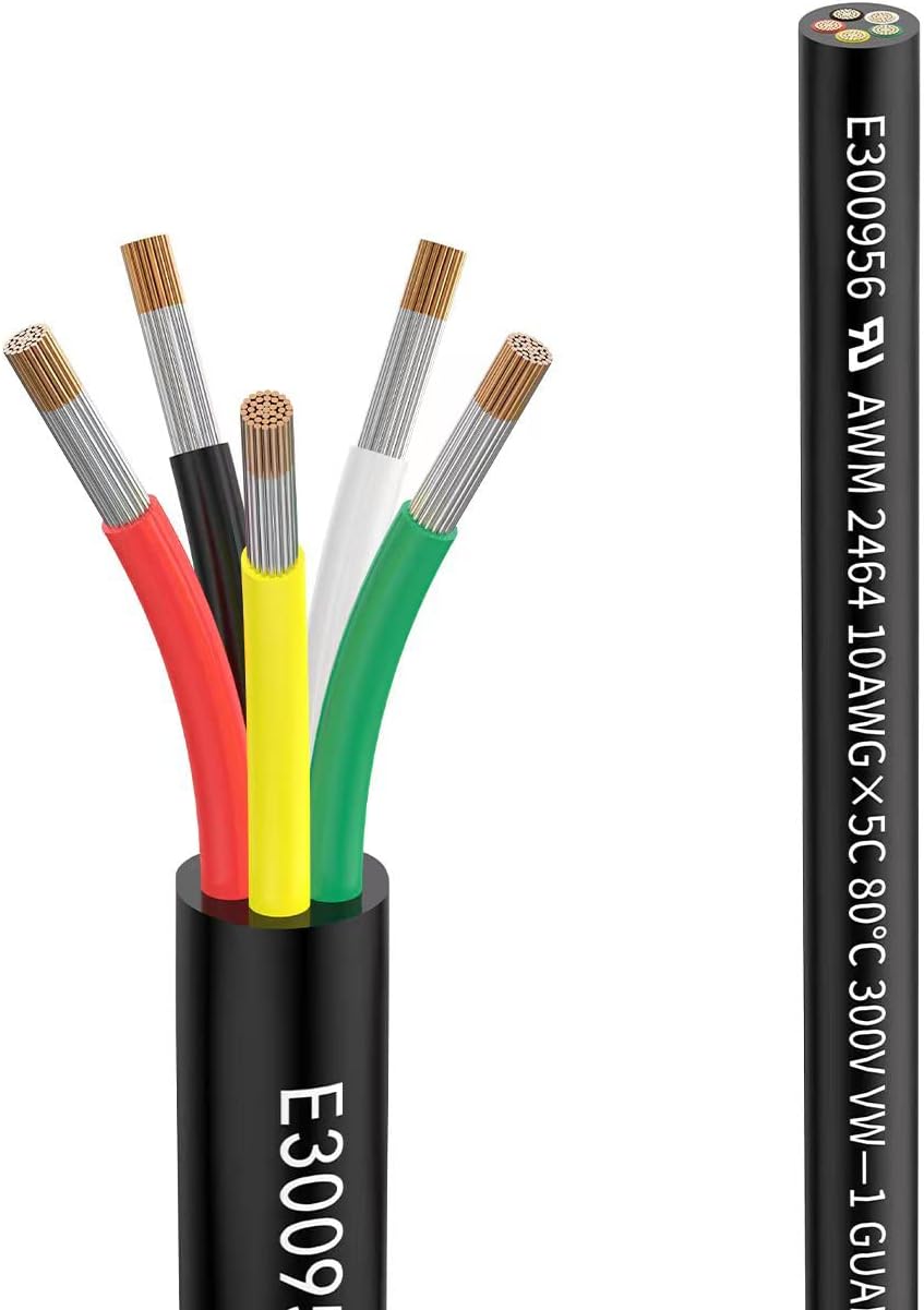 10awg 5 Wire Cable 10/5 Electrical Wire 5 Core Extension Cable 100 feet UL2464 DC 5V/12V/24V/300V 10 Gauge Oxygen Free Stranded Tinned Copper Wire