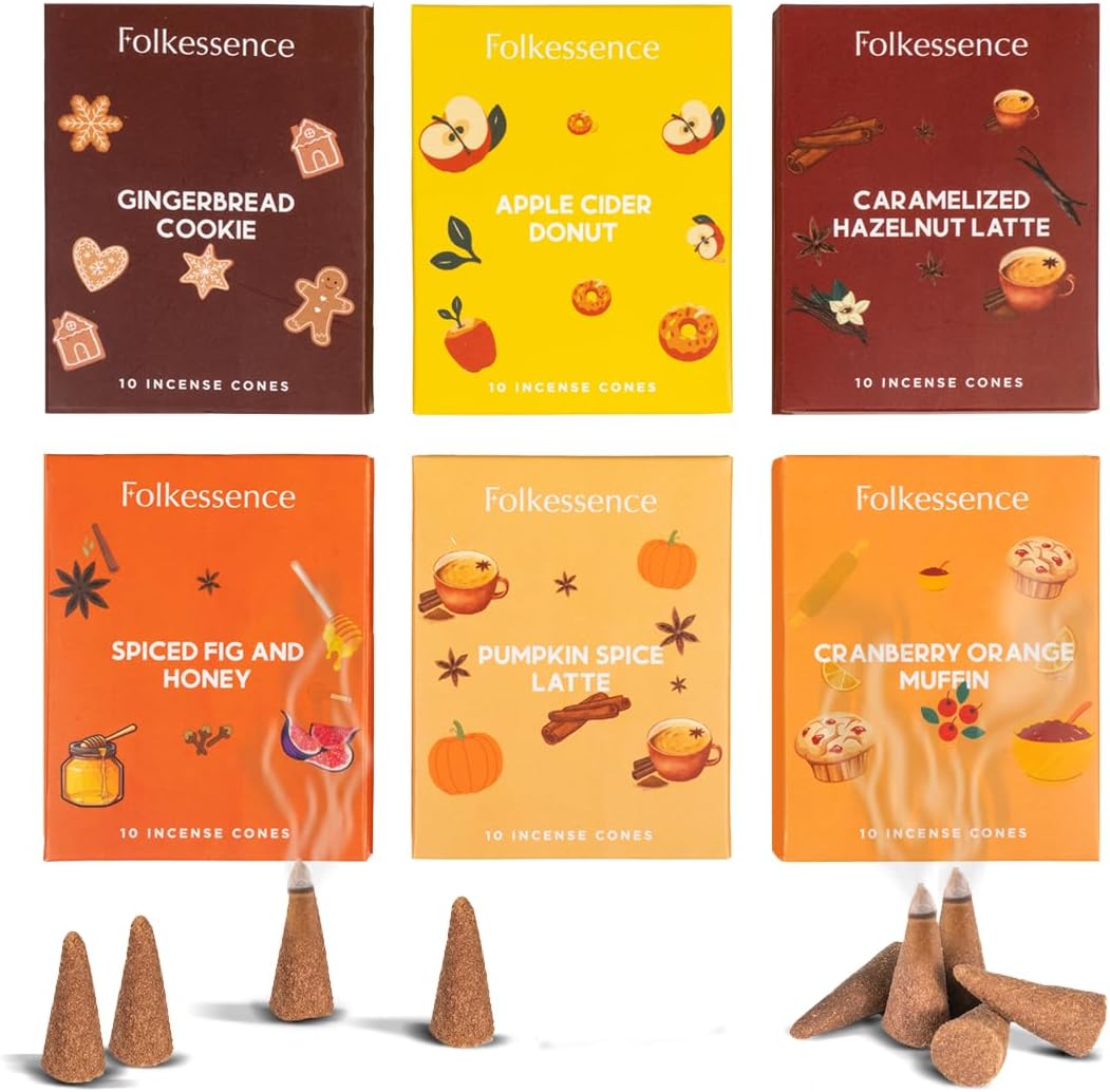 Folkulture Fall Incense Cones, Pumpkin Spice, Caramel Set of 6 (60 Cones)