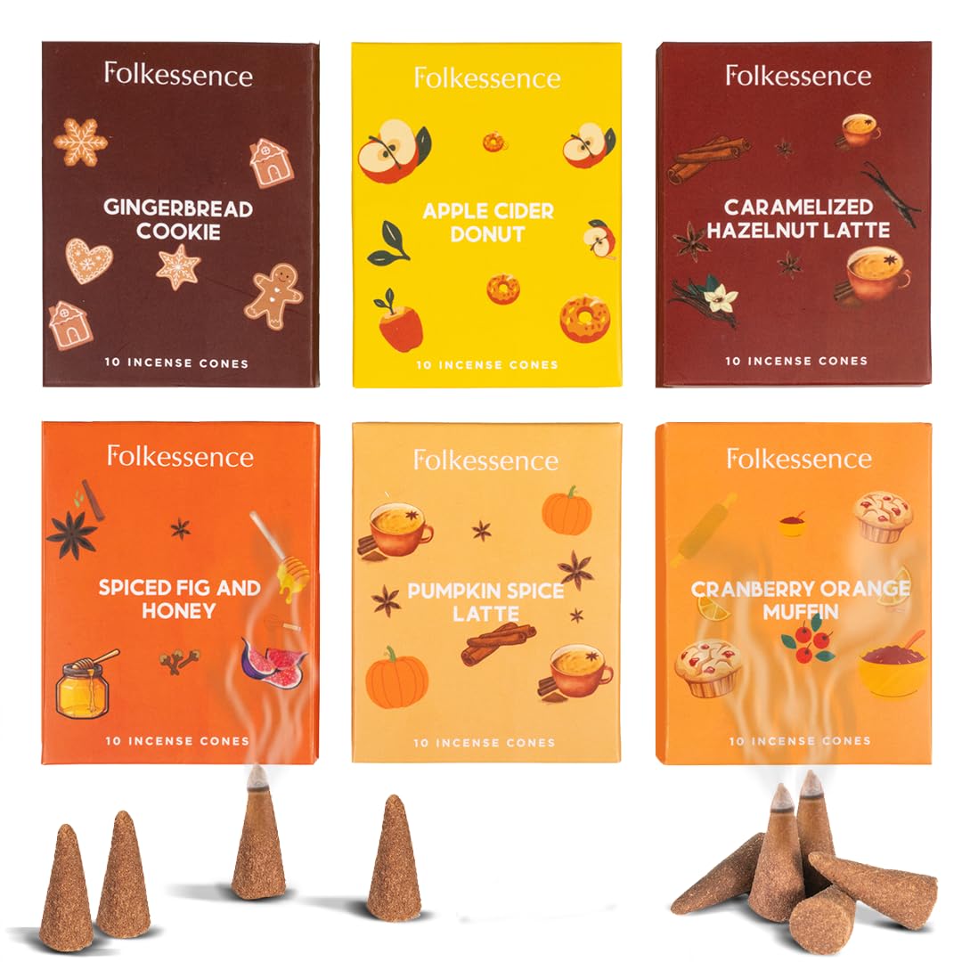 Folkulture Incense Cone Scented | Set of 6 (60) Fall Incense Cones for Relaxation | Pumpkin Spice Inscents or Gingerbread Fall Scents | Inscent Cone Variety Pack for Fall Essentials