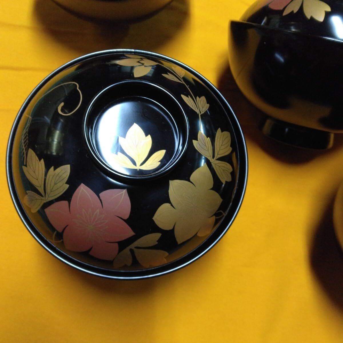 輪島塗 蓋付 椀 吸飲椀 波 鳥 金彩 蒔絵 松 黒 漆塗り 木箱付 輪島塗