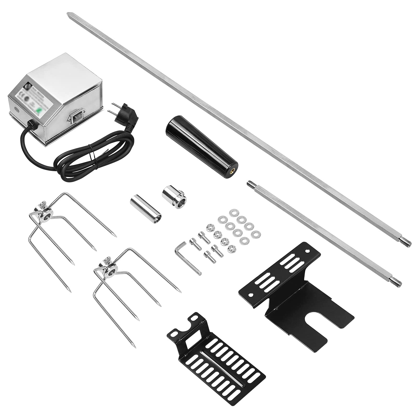 ACXIN Set spiedi elettrici in acciaio inox, 107 cm, motore, spilli da carne, spiedo girevole, griglia 2 forchette, per campeggio, feste, giardino, picnic (220-240V)