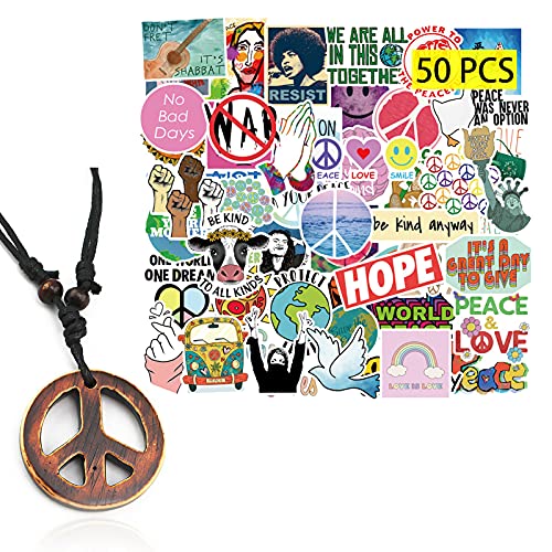 Kilmila Love and Peace Sign Stickers 50Pcs Hippie VSCOï¼ˆwith Handmade Adjustable Love Peace Sign Hippie Necklace ï¼‰Gifts Hippie Love Peace Merch Decals for Laptop Vinyl Stickers Pack