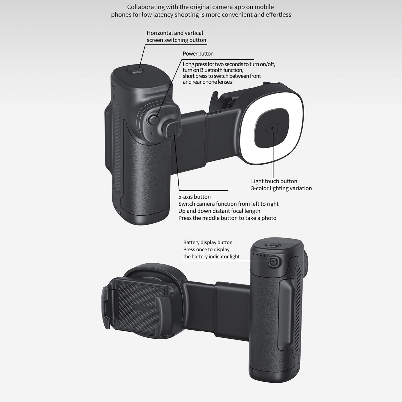 Asixxsix Supporto Smartphone con Luce, Stabilizzatore Rotazione 90 Gradi | Impugnatura per telefono ad asse singolo con lunghezza regolabile, con luce di riempimento per la fotografia all\'aperto,
