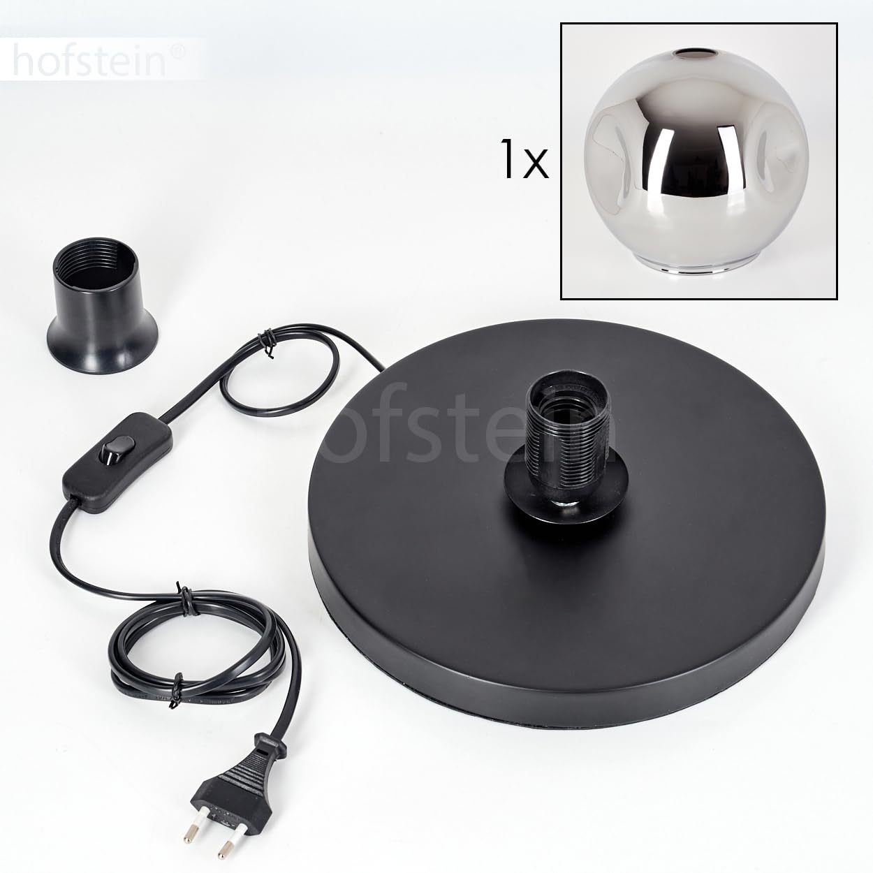 Tischleuchte Ripoll, Tischlampe aus Metall/Glas in Schwarz/Chromfarben, Leuchte im modernen Retro/Vintage-Design mit Schirm aus Glas (Ø 25 cm) u. An/-Auschalter am Kabel, 1 x E27, ohne Leuchtmittel