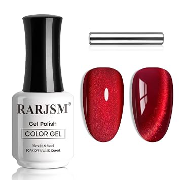 RARJSM Berry Red Cat Eye Gel Nail Polish Diamond Smoothie Red Glitter 15ml Mirror Glass Shimmer Velvet Cateye Gel Polish with Magnetic Stick UV LED Curing Require Soak Off Home Salon