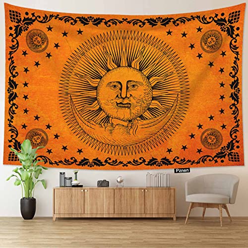 Pznen Tapiz estético bohemio con cara de sol, Decoracion Habitacion, Decoracion de pared para dormitorio, sala de estar, tapiz de 80 x 60 pulgadas