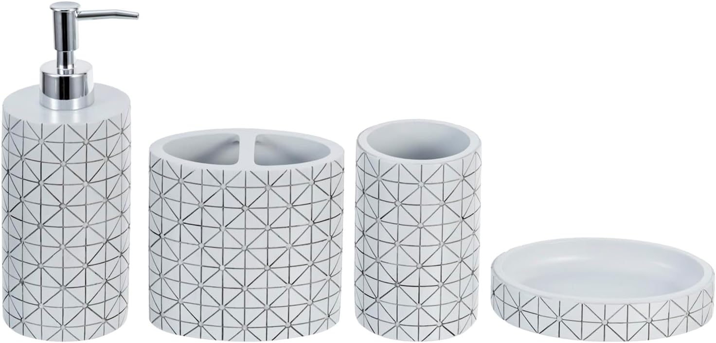 MyGift Bathroom Accessory Set, Liquid Soap or Lotion Dispenser, Toothbrush Holder, Tumbler Cup and Soap Dish, Modern Geometric Design Decor