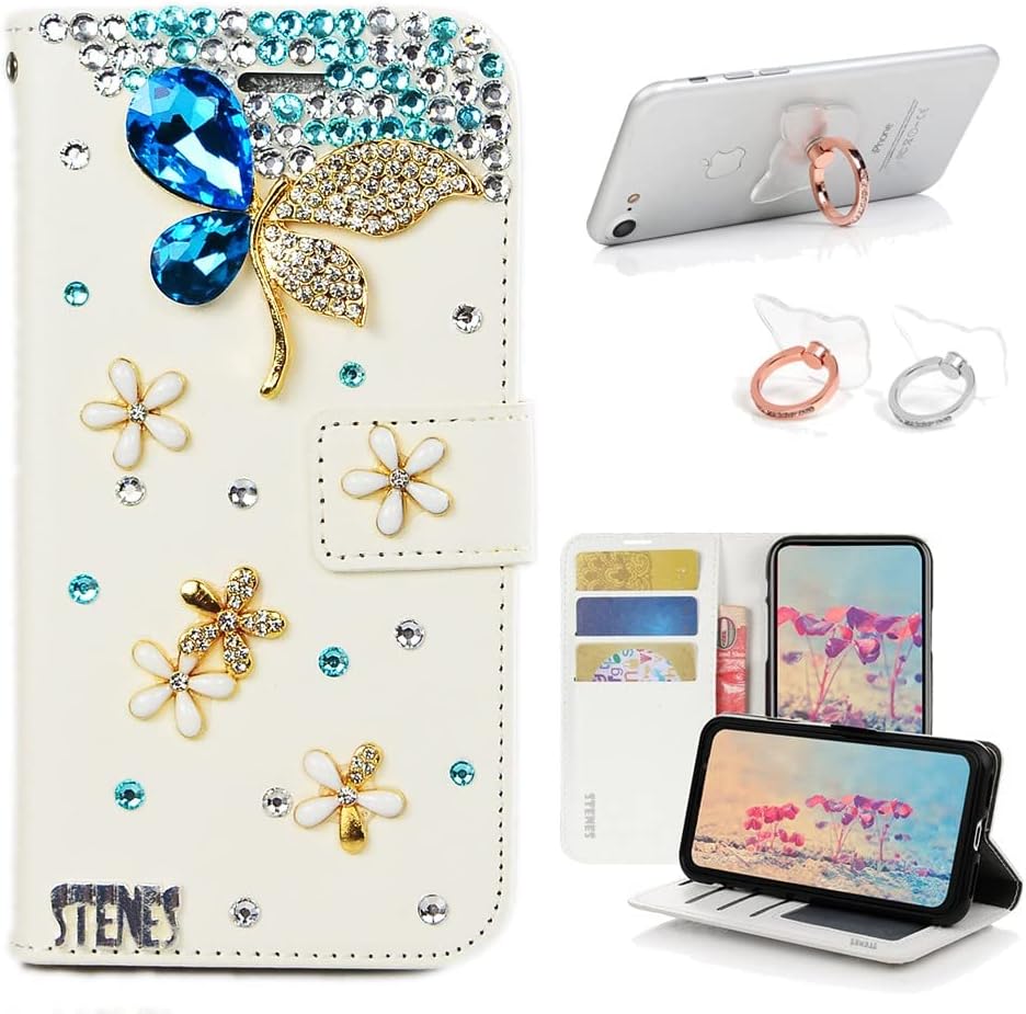 STENES Bling Wallet Case Compatible with Samsung Galaxy S10e 5.8 Inch 2019 - Stylish - 3D Handmade Flowers Pretty Butterfly Design Leather Cover with Ring Stand Holder [2 Pack] - Blue