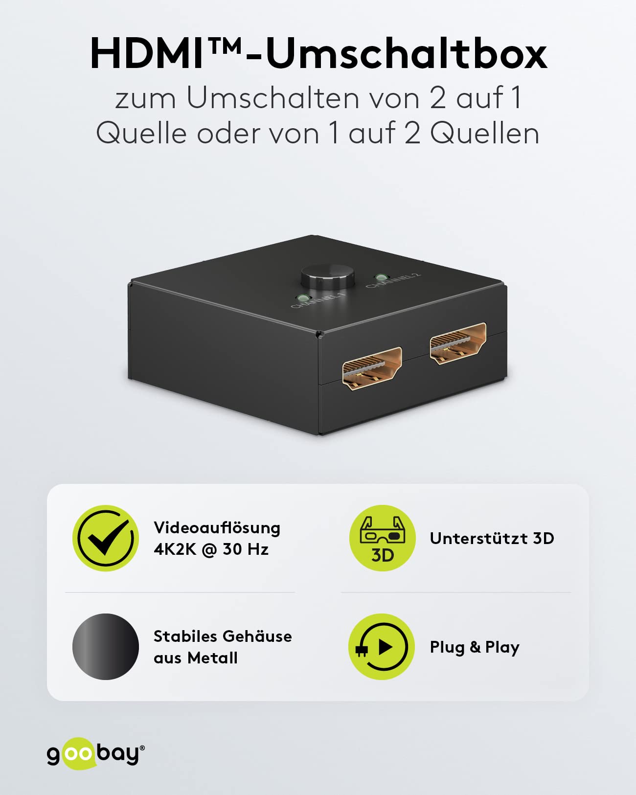goobay 58485 HDMI Switch 2 w 1 Out/4K przy 30 Hz (2160p) HDMI rozdzielacz/HDMI 1.4 przełącznik do PS4, PS5, laptopów lub monitorów