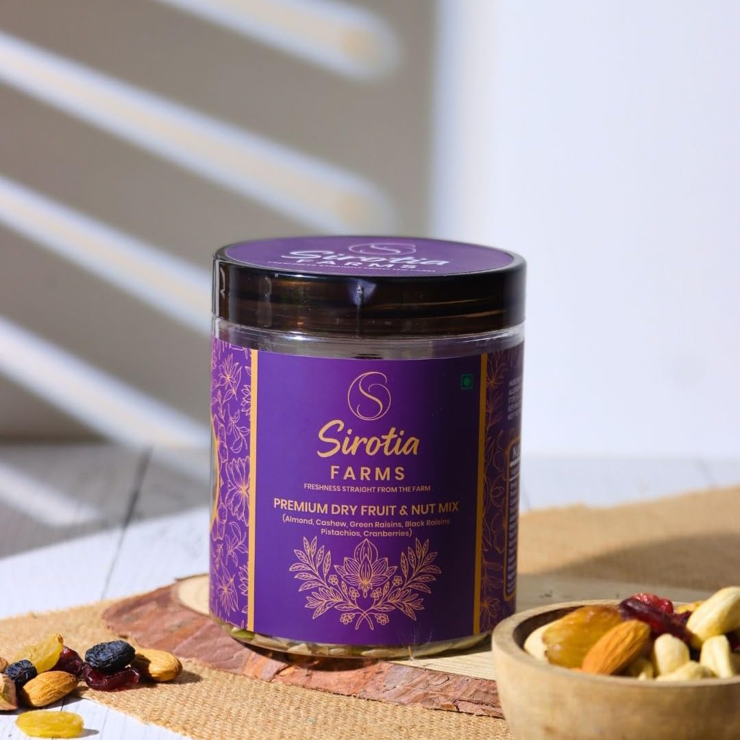 Sirotia Farms Premium Dry Fruit & Nut Mix, 200g, Rich in Dietary Fiber, Magnesium & Phosphorus, Source of Protein, Flavourful & Crunchy Snack, Almonds, Cashews, Green Raisins, Black Raisins, Pistachios, & Cranberries 1