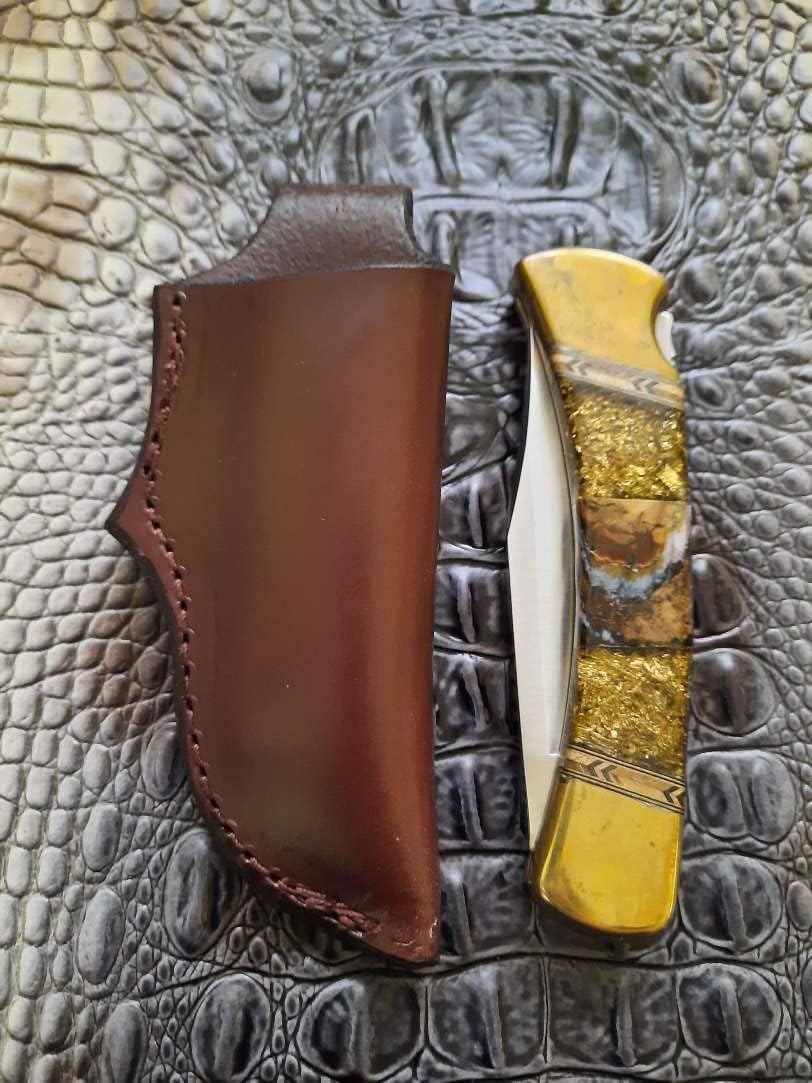 Custom Right Hand Leather Knife Sheath Fits Buck 110 Knife, 5" Folding Knife Holder, Dark Brown