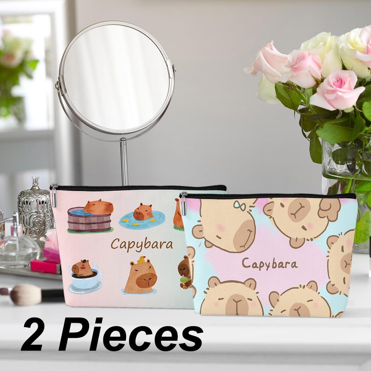 Wenboco 2 Pcs Cute Capybara Makeup Bag, Large Capacity Travel Makeup Case Cosmetic Bags for Women, Portable Pouch Purse Travel Essentials Toiletries Accessories, Christmas Birthday Gifts for Women - Image 4