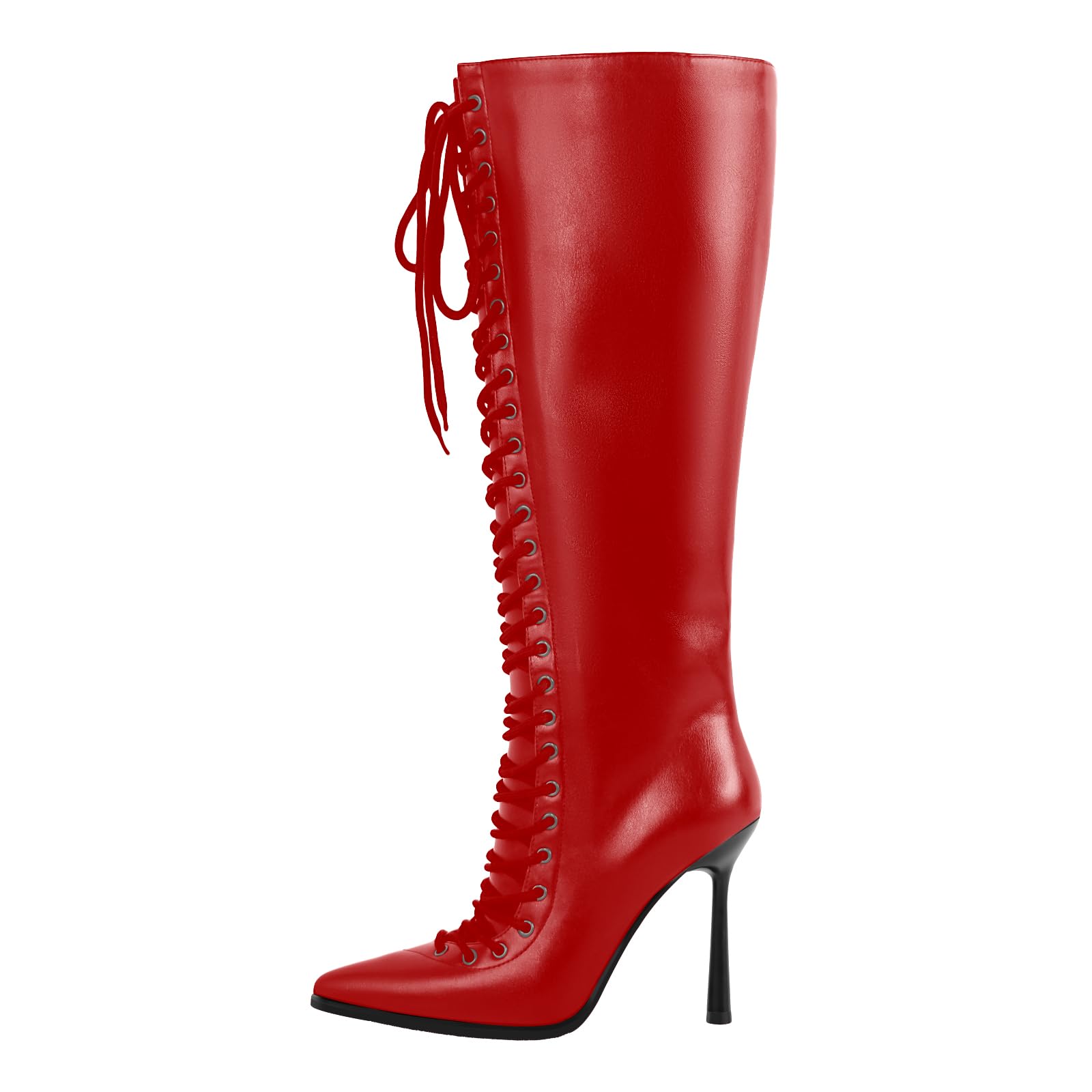 onlymaker Womens Elegant Lace up Stiletto High Heels under Knee Boots Point Toe Zip up Knee Booties