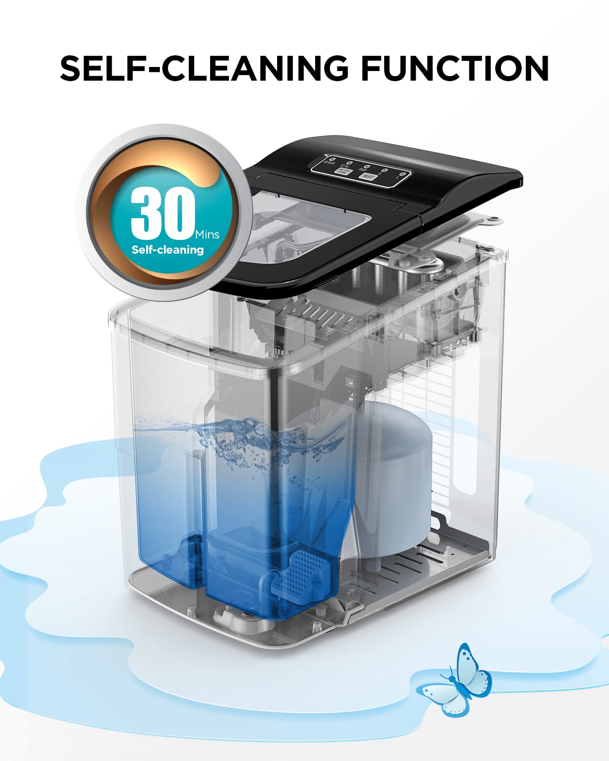 Ice Maker Machine for Countertop, 9 Bullet Ice Cubes Ready in 6 Minutes, 26lbs in 24Hrs Portable Ice Maker Machine Self-Cleaning, 2 Sizes of Bullet-Shaped Ice for Home Kitchen Office Bar Party