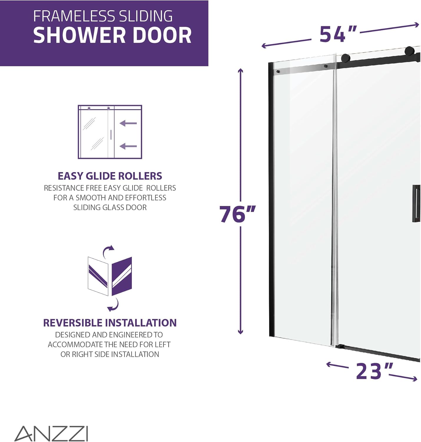 ANZZI 50 to 54" x 76" Modern Frameless Shower Door | Rhodes Water Repellent Glass Shower Door, Seal Strip Parts and Handle, Easy Glide Rollers Sliding Shower Glass Door - Matte Black
