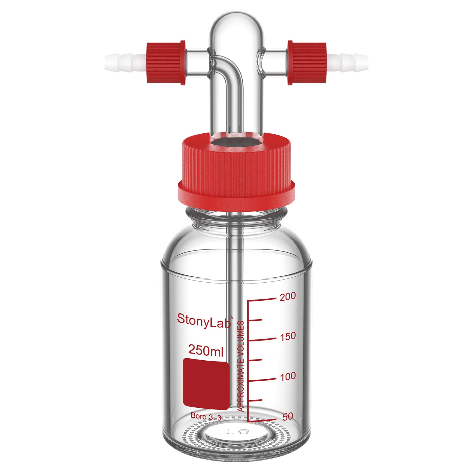 Stonylab Gas Washing Bottle, Borosilicate Glass With Gl45 Screw Thread Pp Cap And Silicone Seal, 8Mm Od Hose Connector For Laboratory Storage And Dispensing, 250 Ml