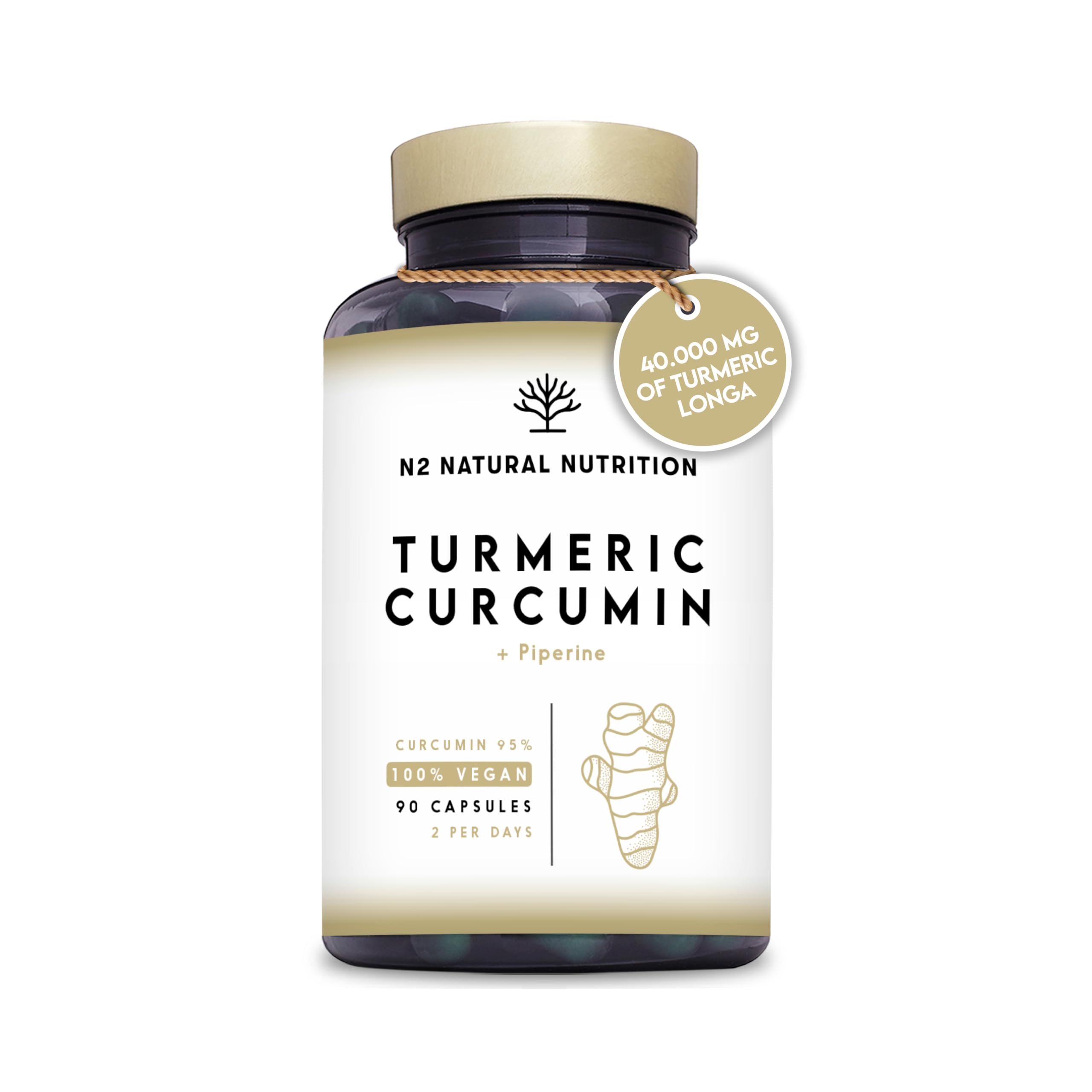 Turmeric Capsules High Strength. 95% Curcumin (760mg 2 caps daily )with Black Pepper. Anti-inflammatory Antioxidant Hepatoprotective Max Digestion. 90 Capsules.UK Vegan Certified. N2 Natural Nutrition