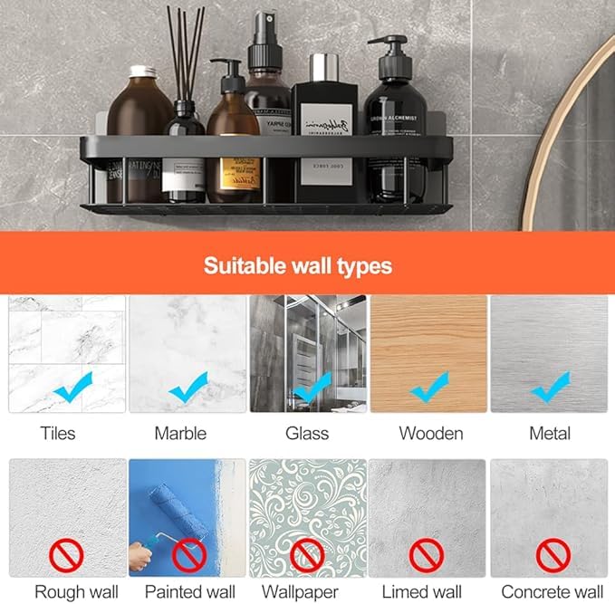 Image of Self Adhesive Bathroom Organiser Without Drill, Stainless Steel Wall Shelf Rack, Kitchen Sink Organizer, Bathroom Storage Holder, Waterproof Rustproof Shelf (Black, Pack of 1)