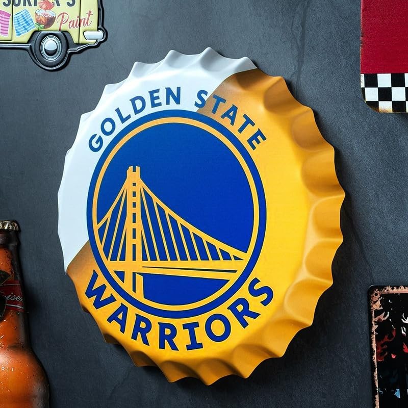 Image of EAZYWAGON Decorative Metal Bottle Caps Wall Sign Plates - 14X14 Inches - Golden State Warriors | Metal Wall Hanging Bottle Cap for Home, Farmhouse, Bar & Cafe Decoration | Vintage & Retro Look Plaques