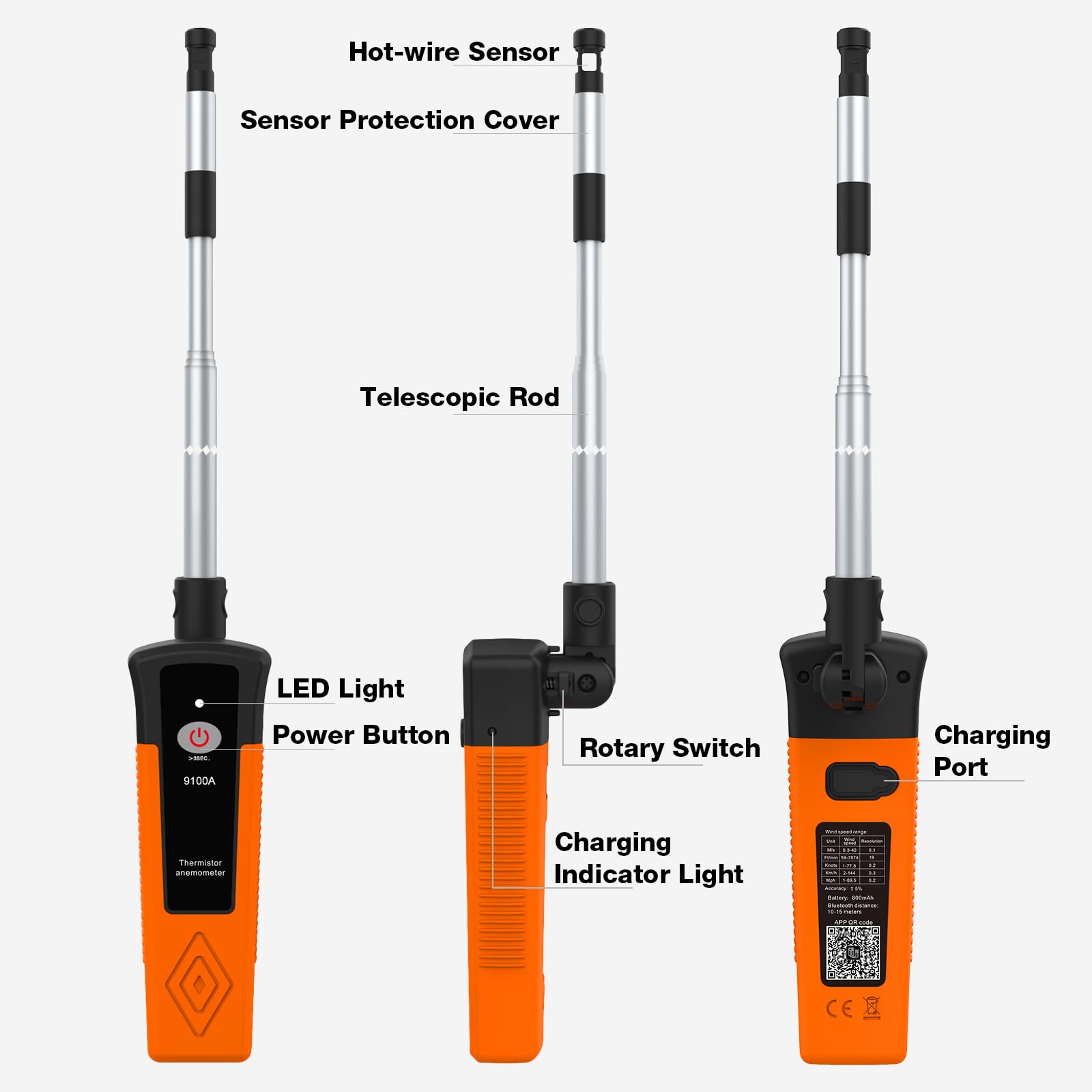Heißdraht-Anemometer, Thermischer Anemometer mit 40 m/s und Bluetooth, Ausziehbare Stange 320–650 mm, 9100A Windmesser Windmessgerät mit APP, hohe Präzision 0,1 m/s, misst HVAC, Datenprotokollierung