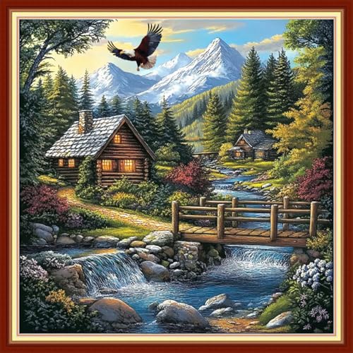 Image of Joyhoor Cross Stitch Kits for Beginners Stamped Cross-Stitch Supplies Needlework preprint Embroidery Kits for Adults DIY Needlepoint Kits Embroidery Patterns 11CT-Creek Cottage 18x18 inchs