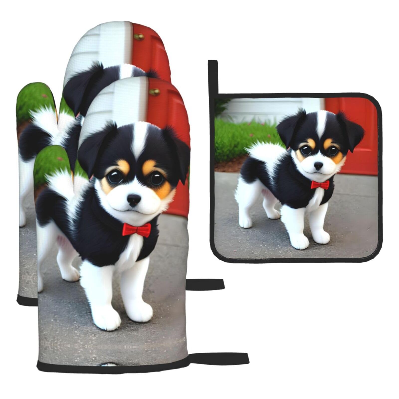 Black and white puppy Oven mittens and oven mitts three-piece set suitable for oven, grilling, baking, microwave and home cooking.